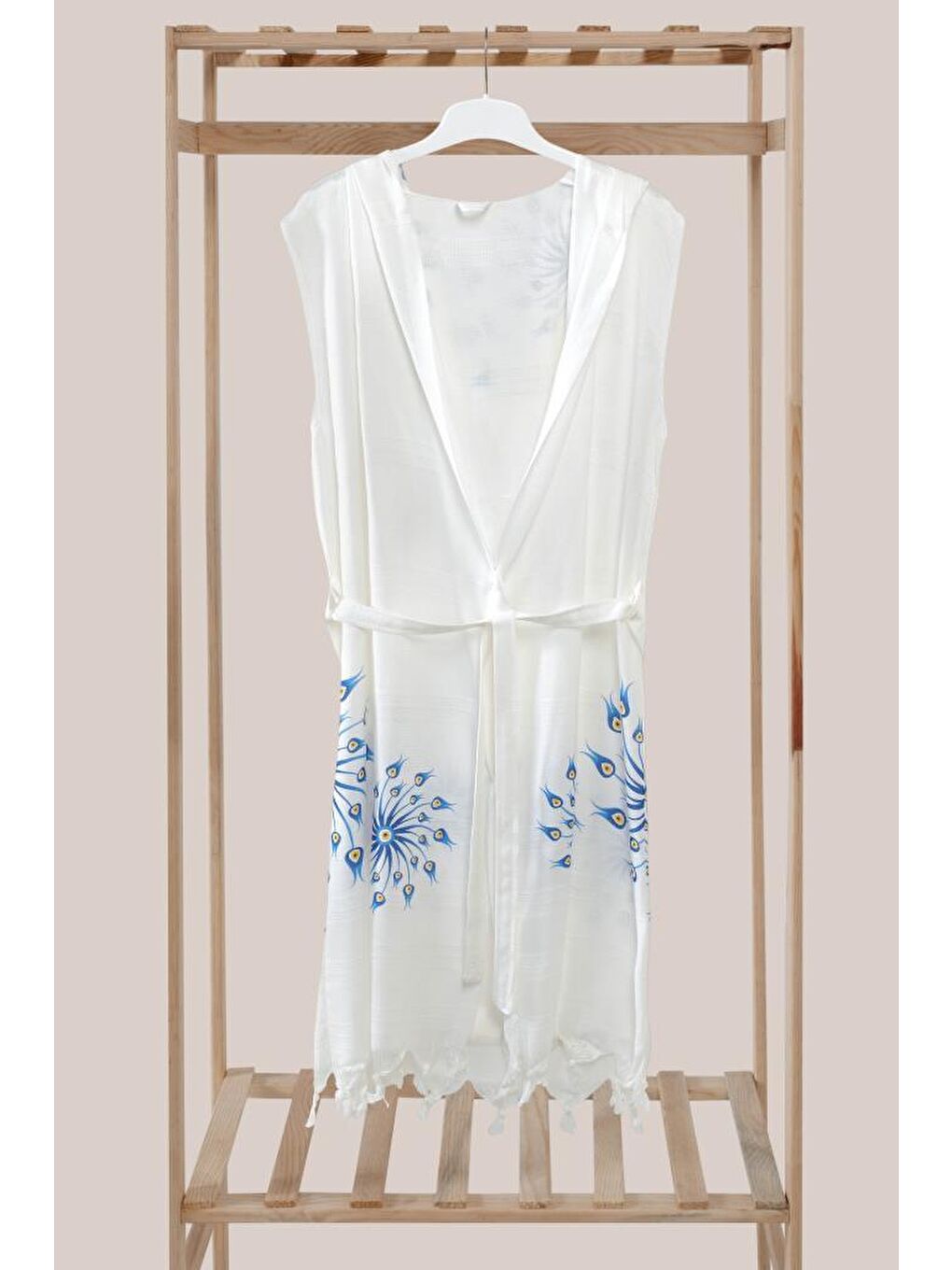 Mavi Bambu Kapüşon'lu Peştemal Bornoz Plaj Elbisesi