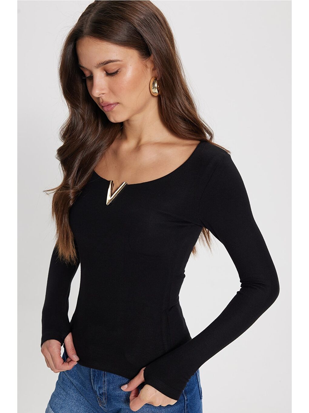 Kadın Slim Fit Dar Kesim Pamuklu Uzun Kollu V Yaka Siyah Tişört Bluz