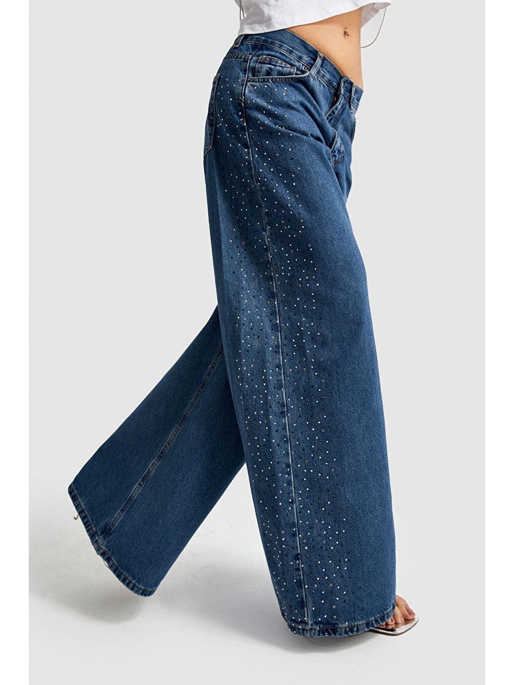 Yeşil Kadın Tint  Rengi Palazzo Fit Orta Bel Yanı Parlak Taşlı Denim-4