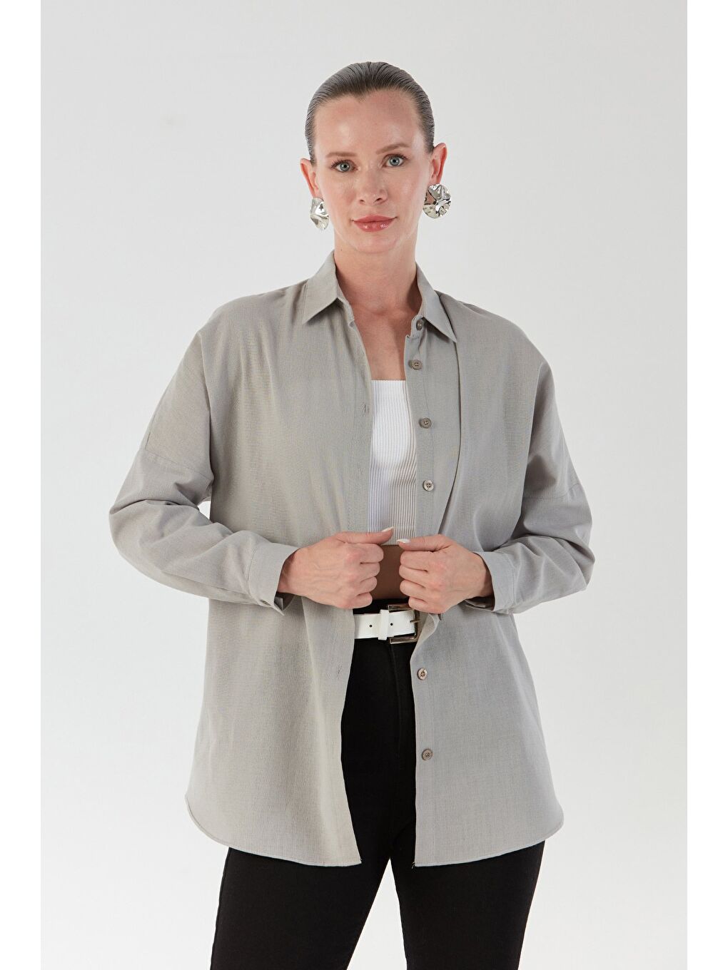 Gri Basic Düğmeli Salaş Gömlek