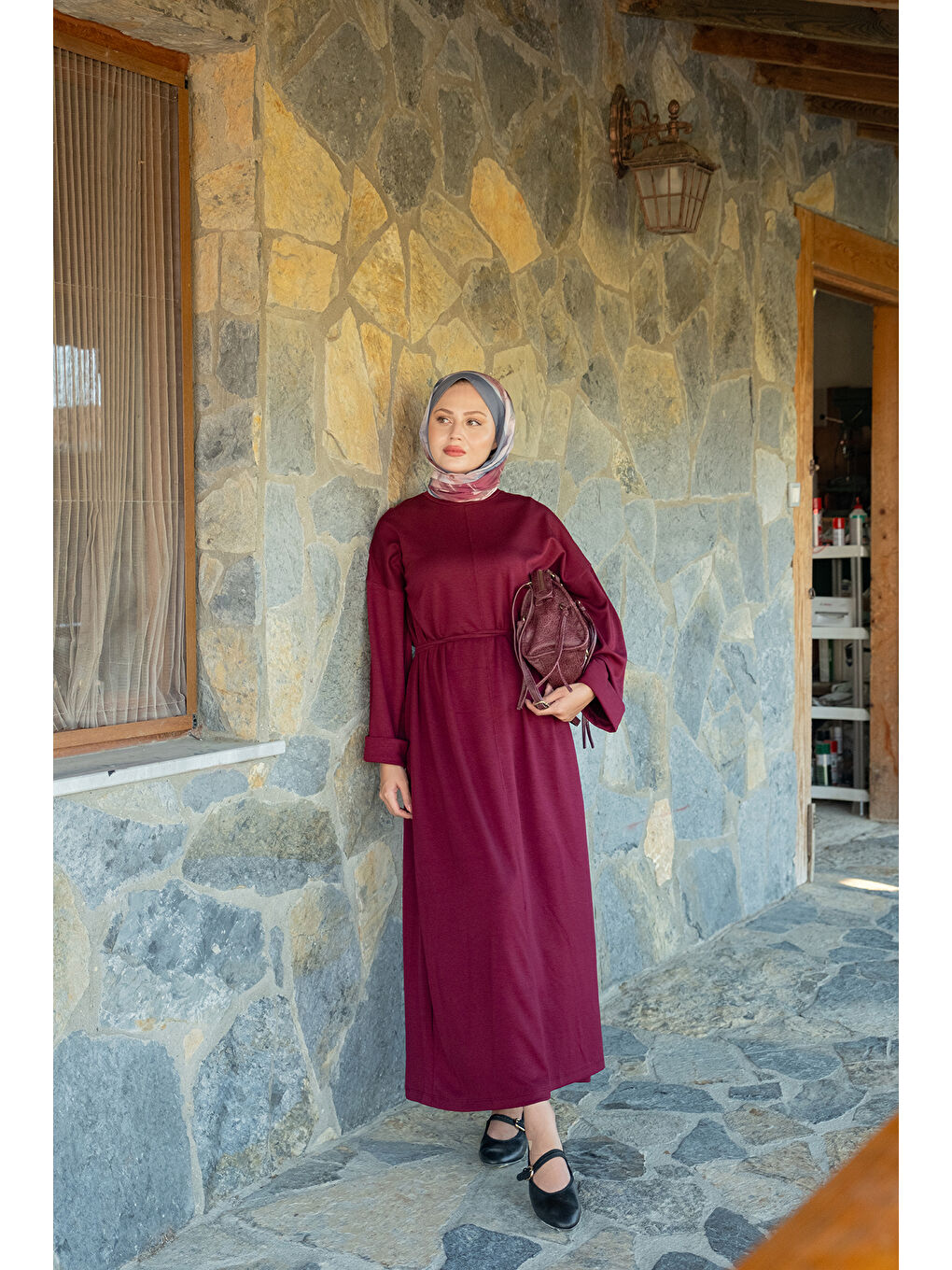 Kadın Dikiş Detay Bağlamalı Elbise Bordo-3