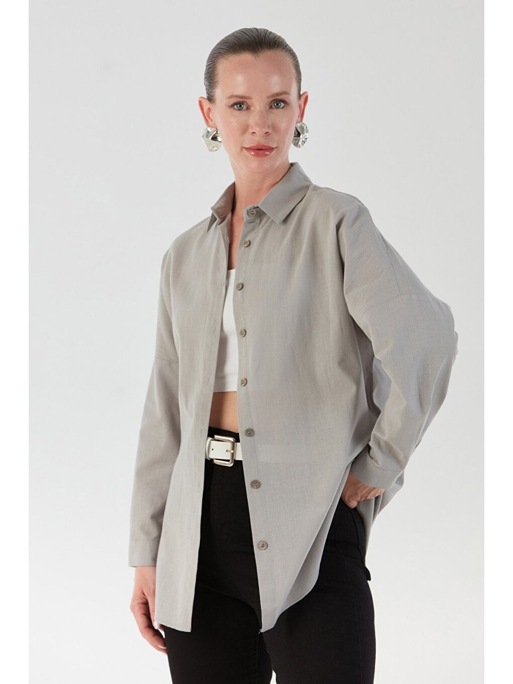 Gri Basic Düğmeli Salaş Gömlek-1