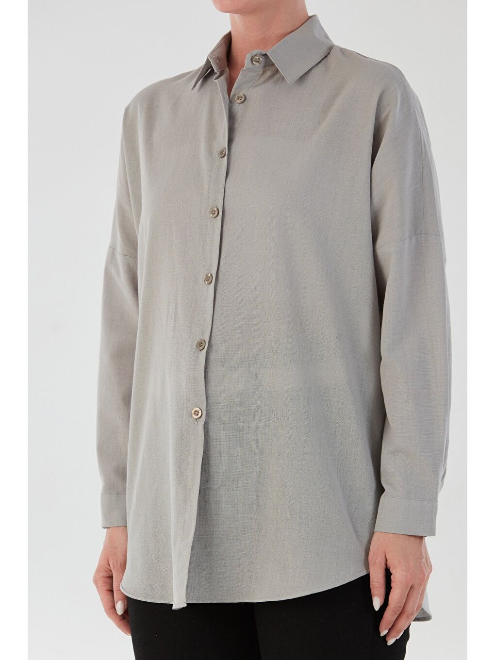 Gri Basic Düğmeli Salaş Gömlek-4