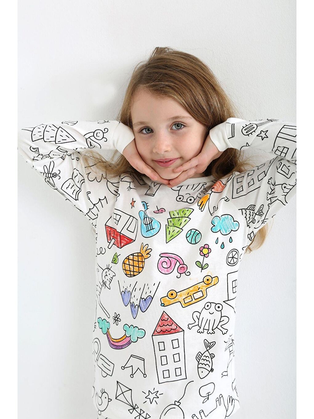 Beyaz Uzun Kollu Özel Kalem Hediye Boyanabilir Çocuk Pijama Takımı