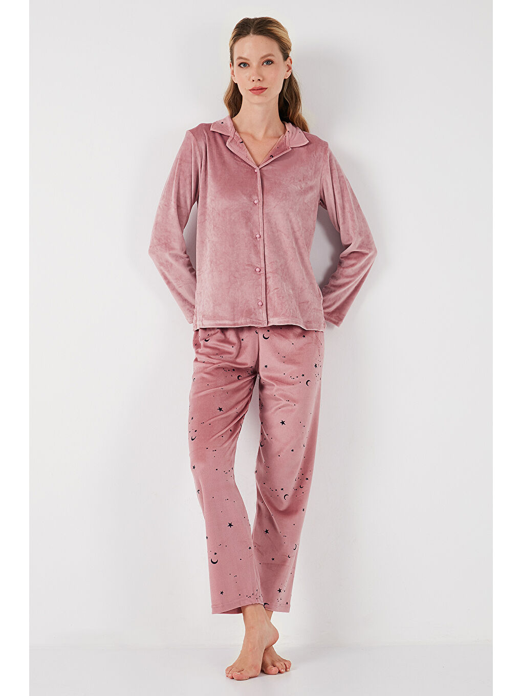 Lela Pudra Pembe Regular Fit Desenli Parlak Kadife Kadın Pijama Takımı 65713311 - 1