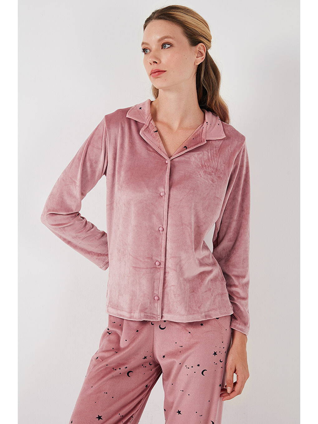 Lela Pudra Pembe Regular Fit Desenli Parlak Kadife Kadın Pijama Takımı 65713311 - 2