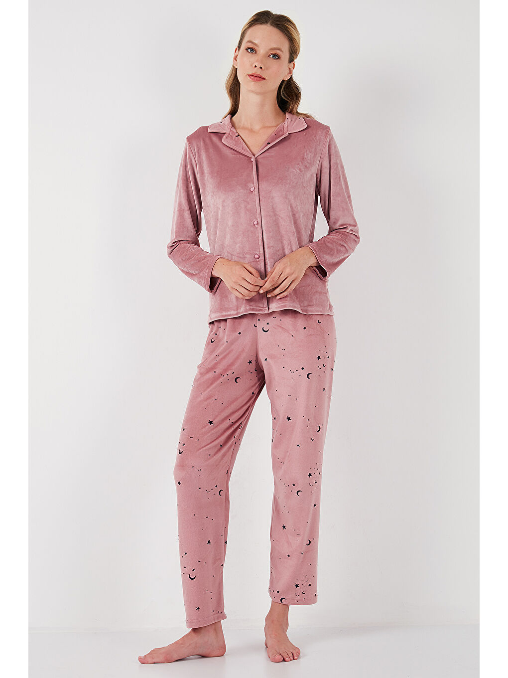 Lela Pudra Pembe Regular Fit Desenli Parlak Kadife Kadın Pijama Takımı 65713311 - 4