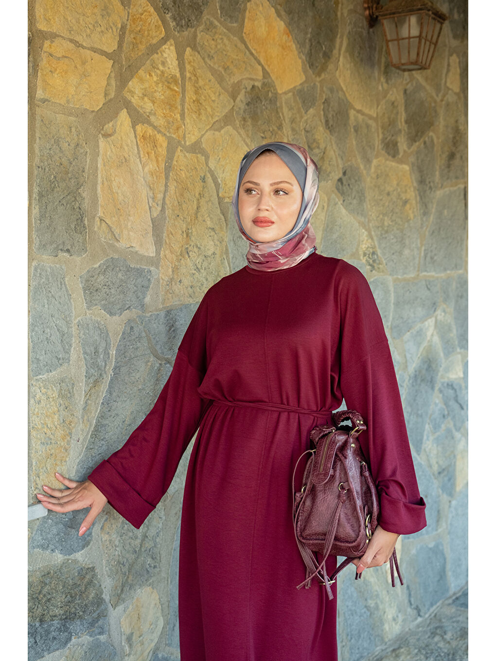 Kadın Dikiş Detay Bağlamalı Elbise Bordo-4