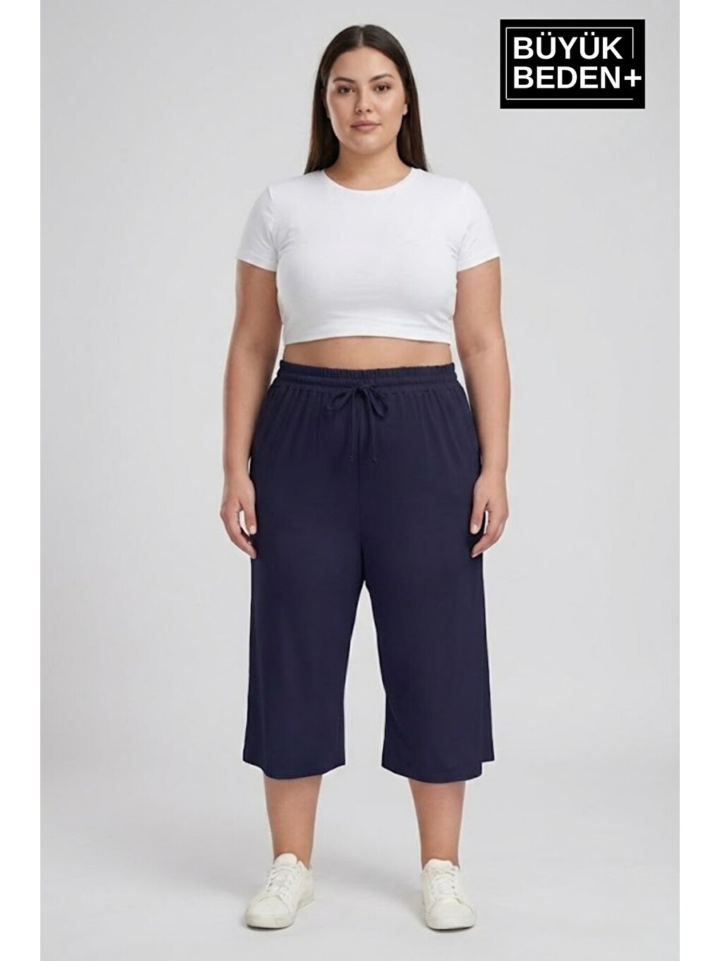Lacivert Büyük Beden Kadın İkili Set Kapri Şort Rahat Kalıp 3XL-6XL SPR26BSRK591+2-1