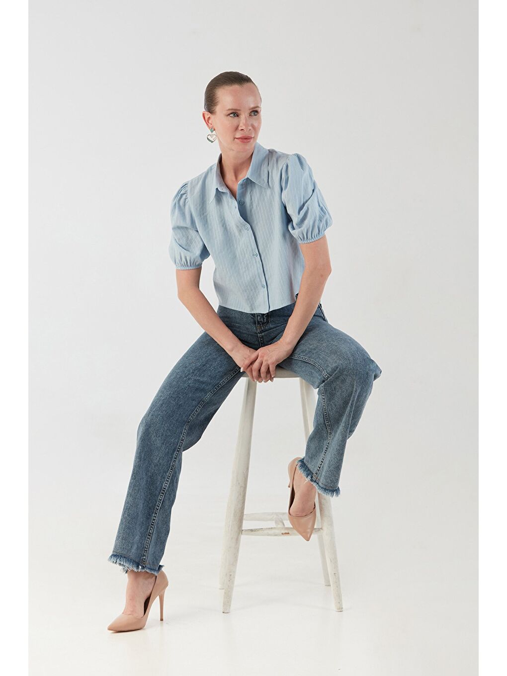 Mavi Çizgili Balon Kol Crop Gömlek