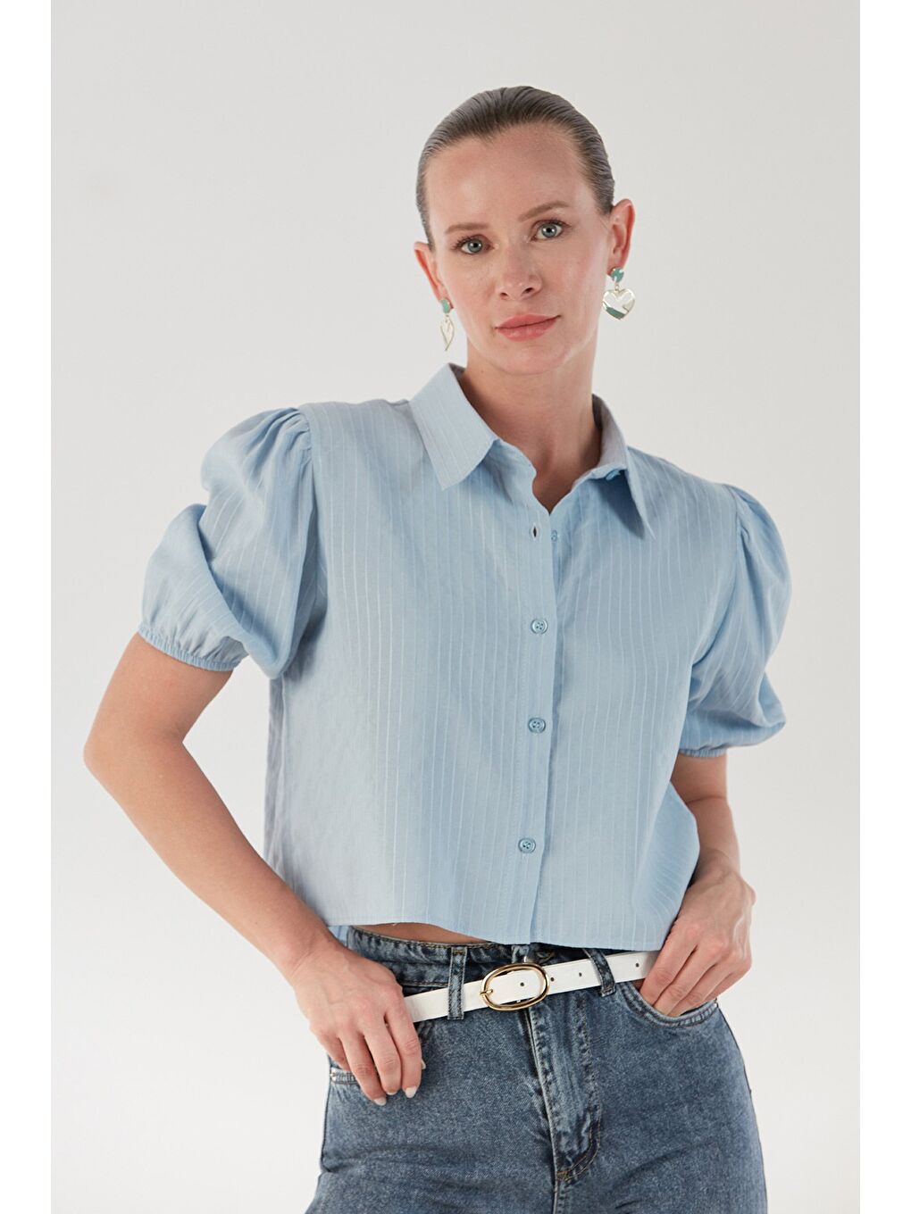 Mavi Çizgili Balon Kol Crop Gömlek-2