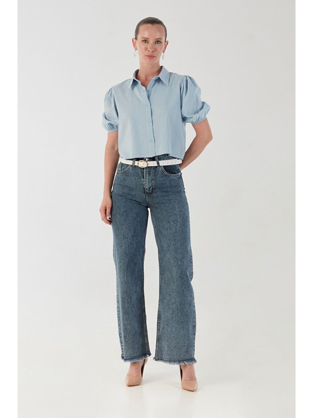 Mavi Çizgili Balon Kol Crop Gömlek-3