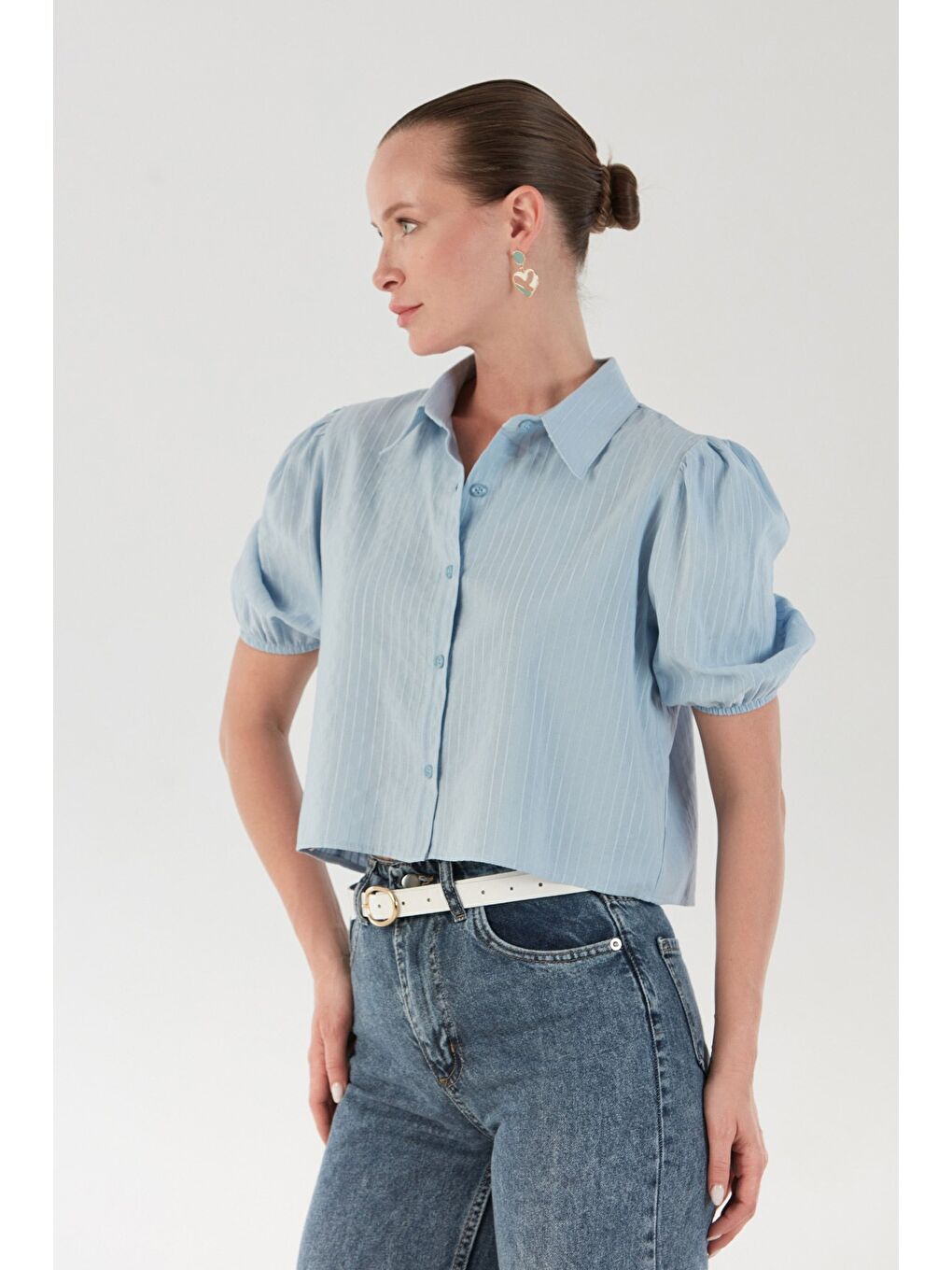 Mavi Çizgili Balon Kol Crop Gömlek-4