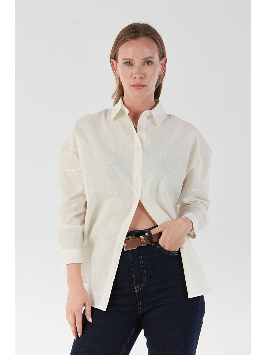Ekru Basic Düğmeli Salaş Gömlek-1