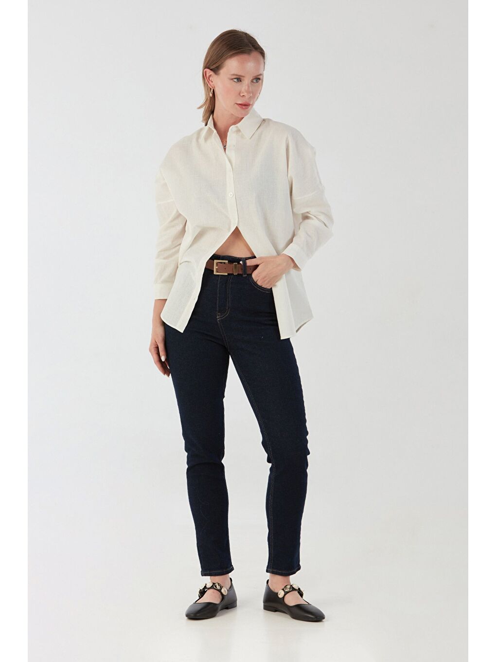 Ekru Basic Düğmeli Salaş Gömlek-2