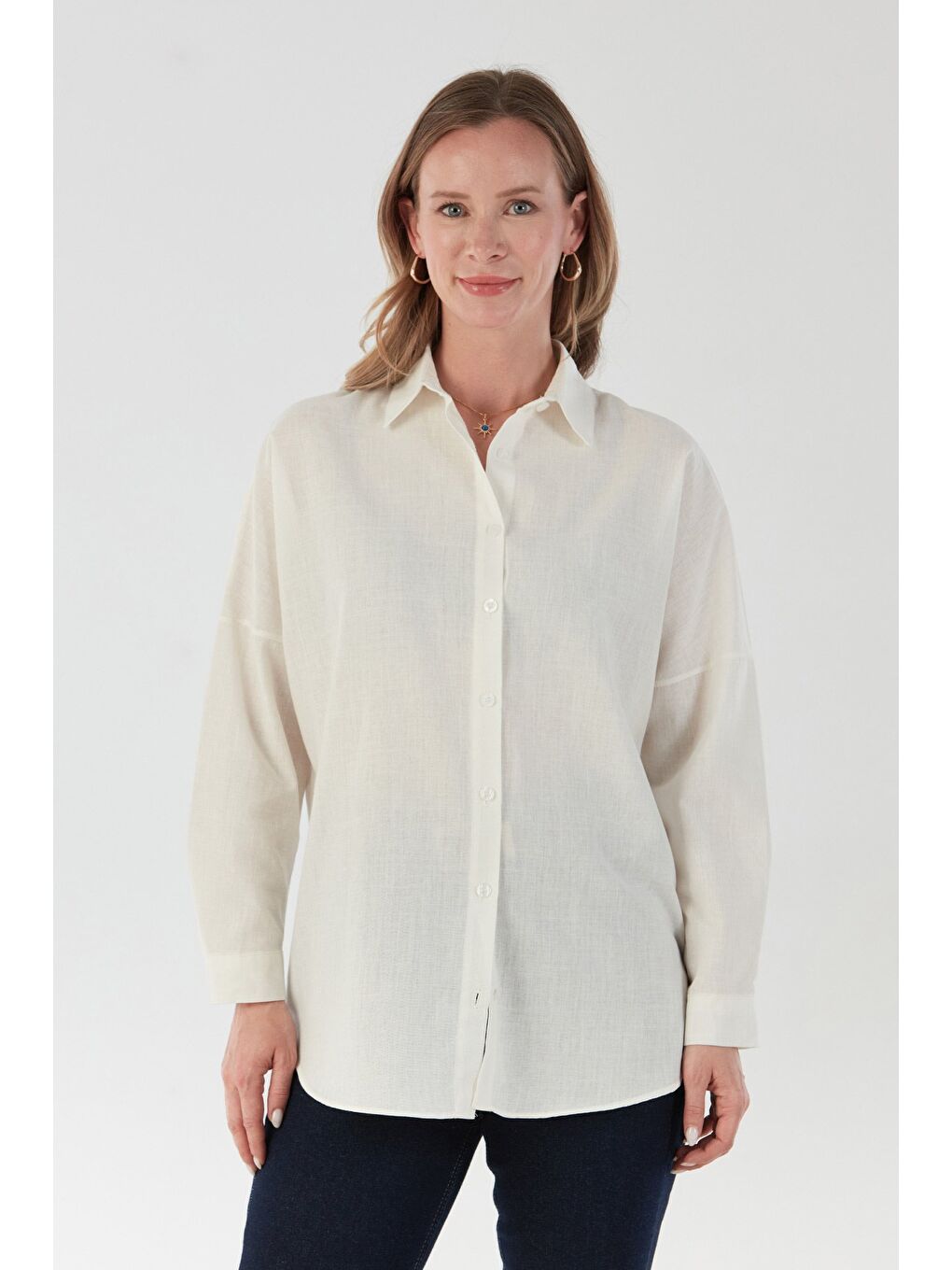 Ekru Basic Düğmeli Salaş Gömlek-3