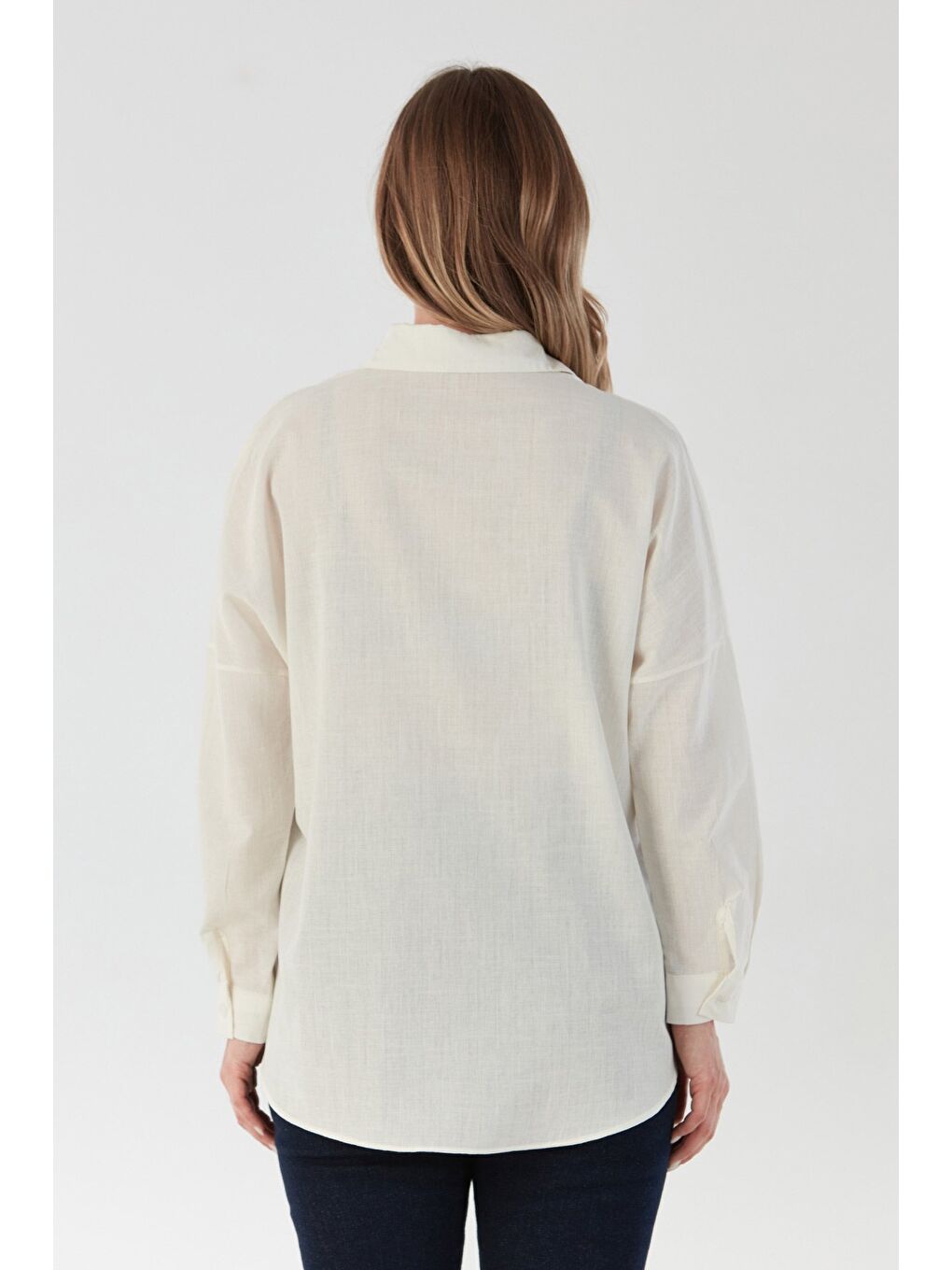 Ekru Basic Düğmeli Salaş Gömlek-4