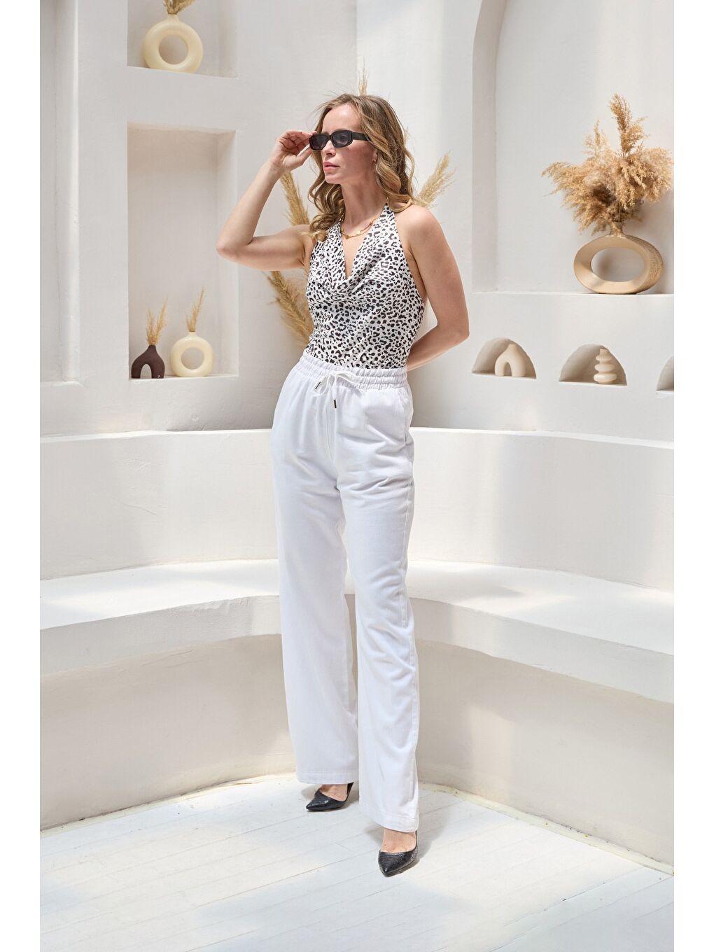 Beyaz Beli Bağlamalı Cepli Lyocell Kumaş Palazzo Pantolon