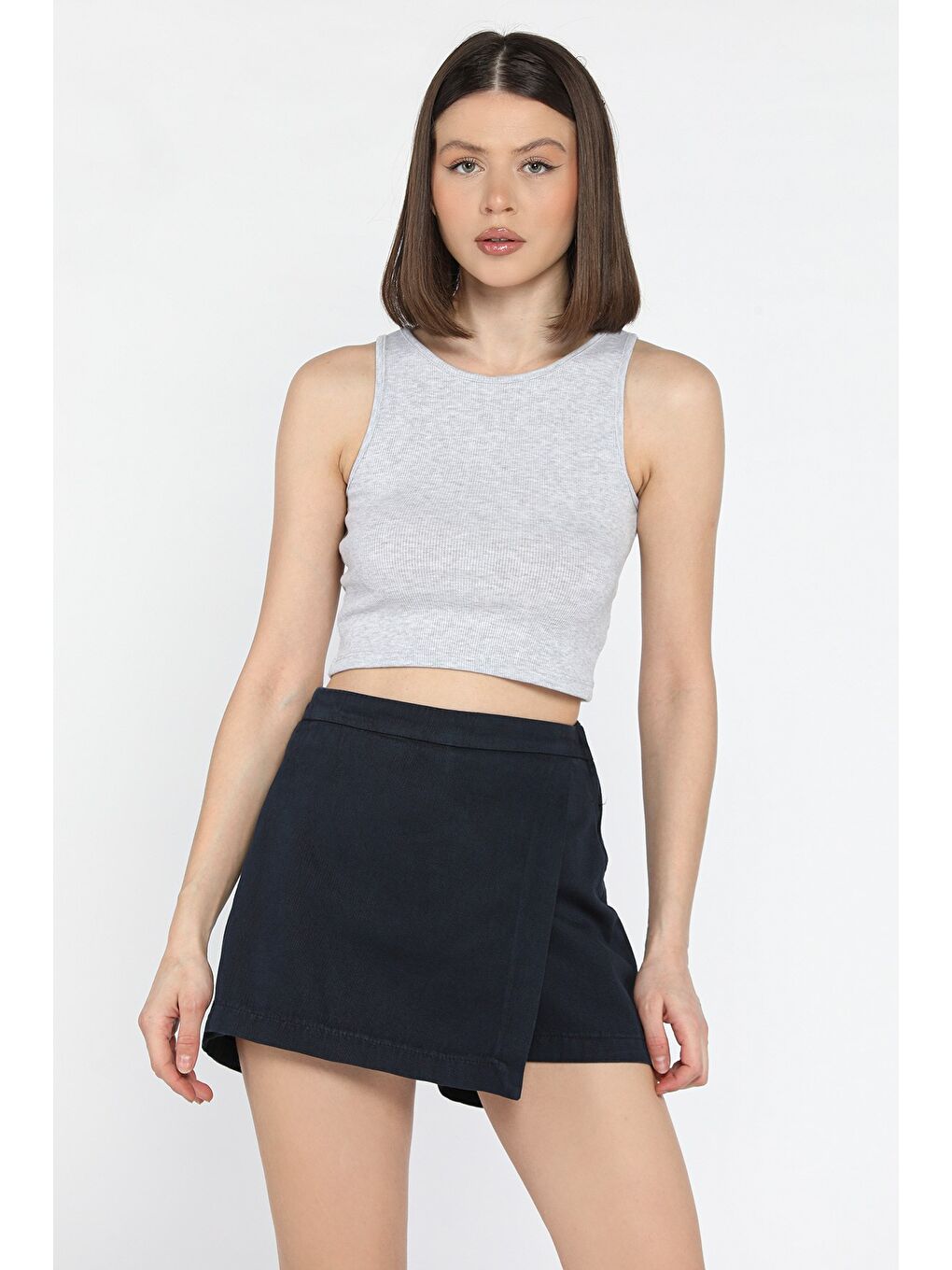Lacivert Kadın Fermuarlı Bel Lastikli Gabardin Şort Etek