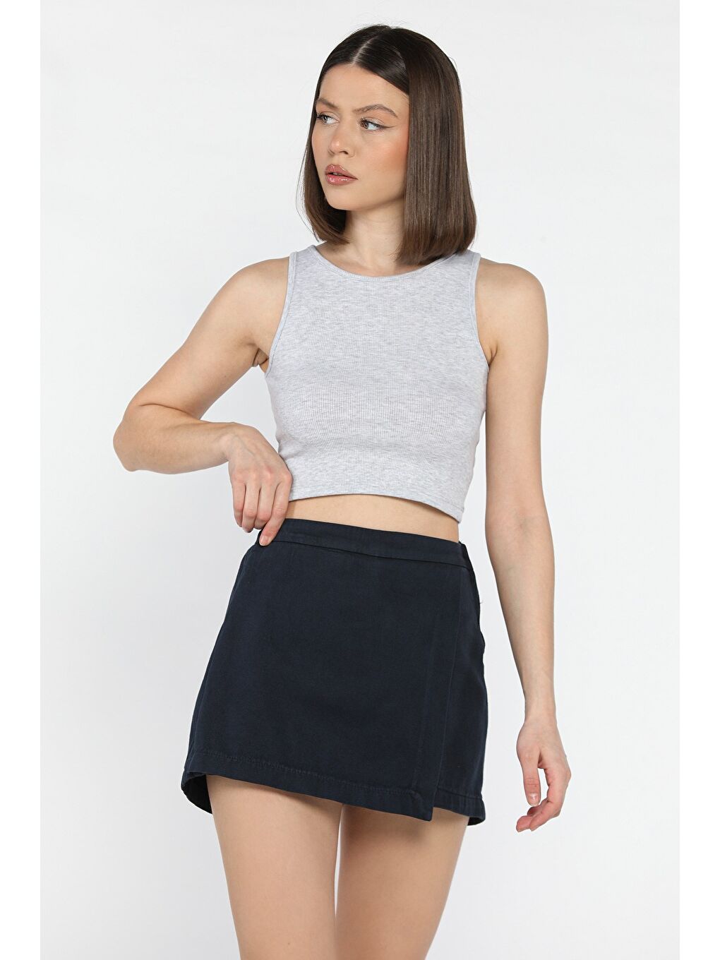 Lacivert Kadın Fermuarlı Bel Lastikli Gabardin Şort Etek-1