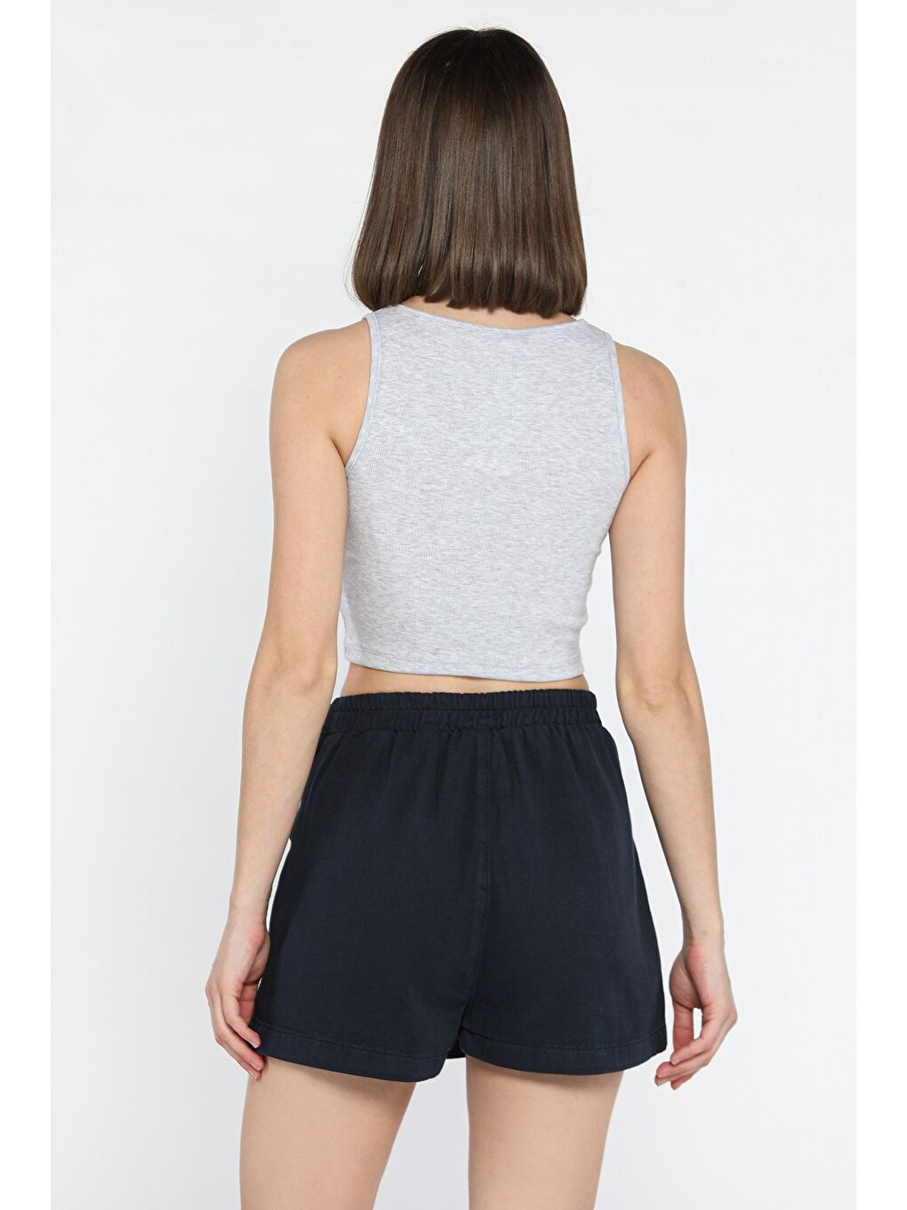 Lacivert Kadın Fermuarlı Bel Lastikli Gabardin Şort Etek-2