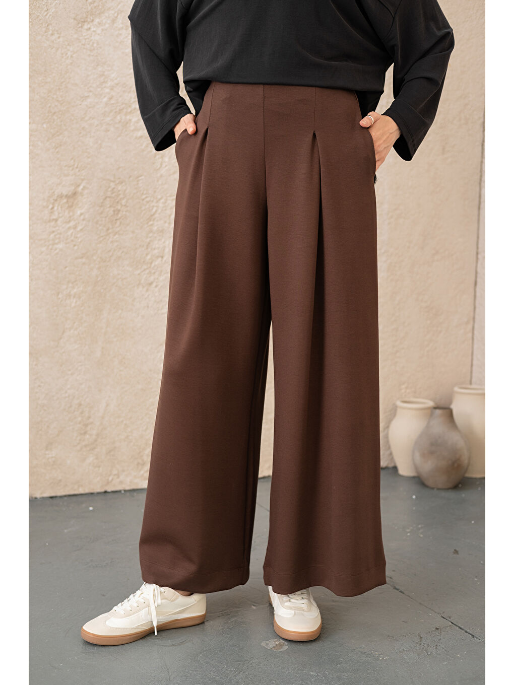 Kadın Pile Detay Pantolon Kahverengi-1