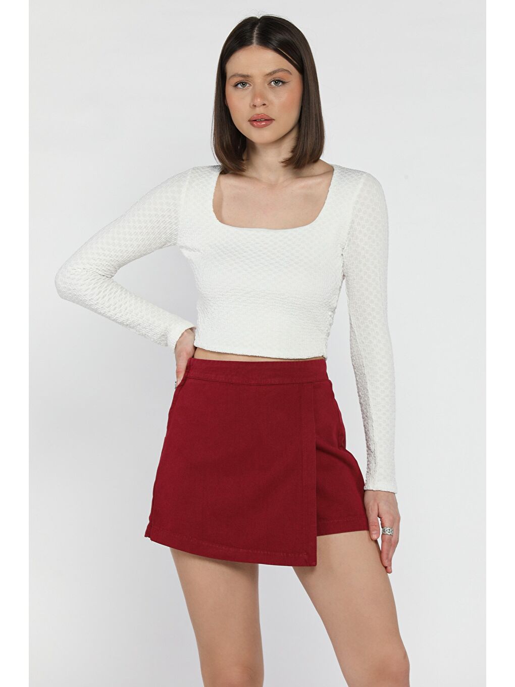 Bordo Kadın Fermuarlı Bel Lastikli Gabardin Şort Etek-1