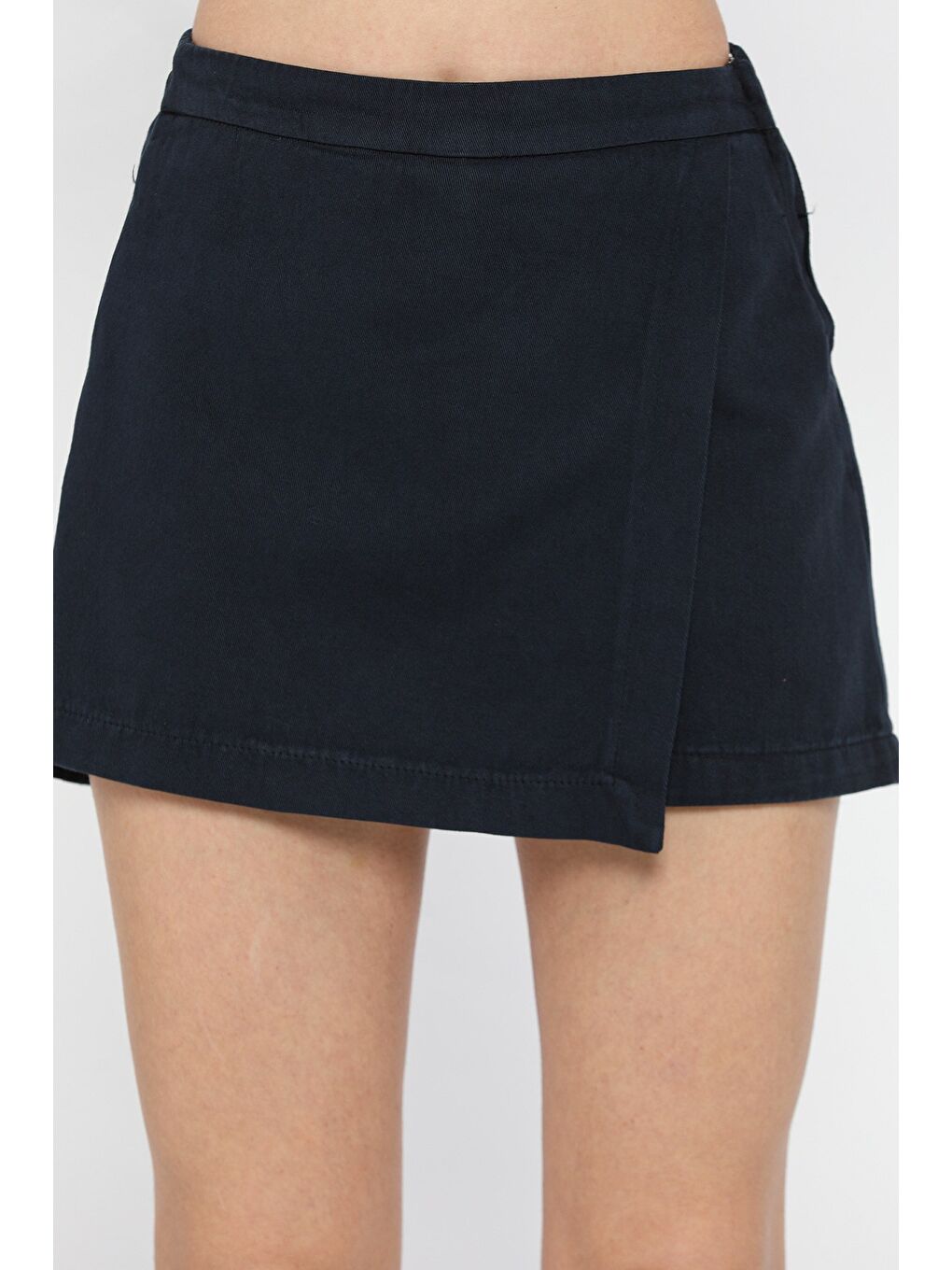 Lacivert Kadın Fermuarlı Bel Lastikli Gabardin Şort Etek-3
