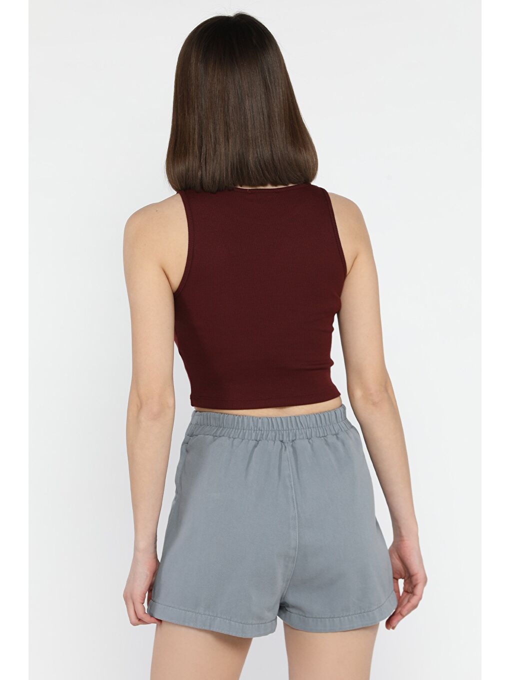 Gri Kadın Fermuarlı Bel Lastikli Gabardin Şort Etek-3