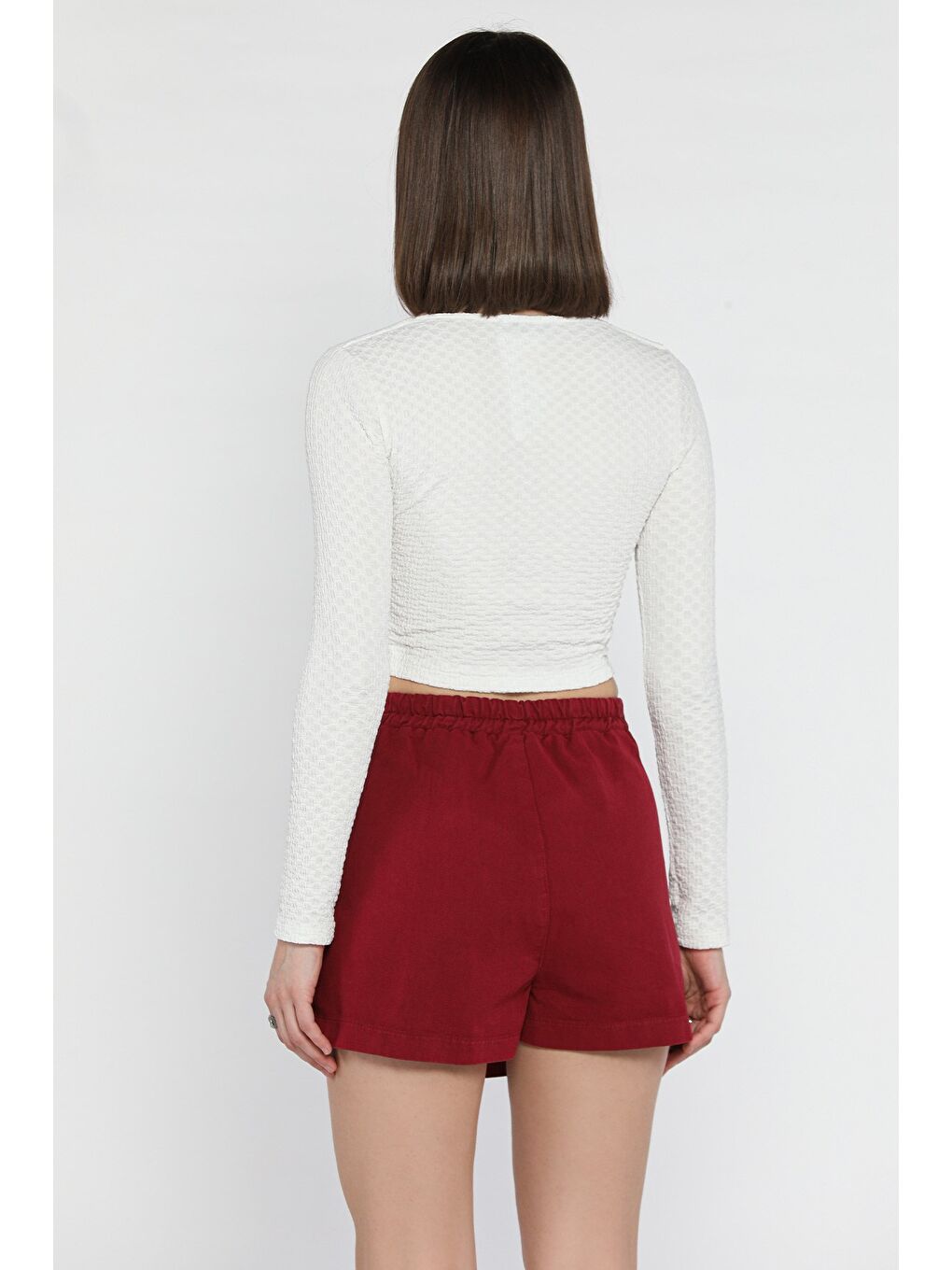 Bordo Kadın Fermuarlı Bel Lastikli Gabardin Şort Etek-2