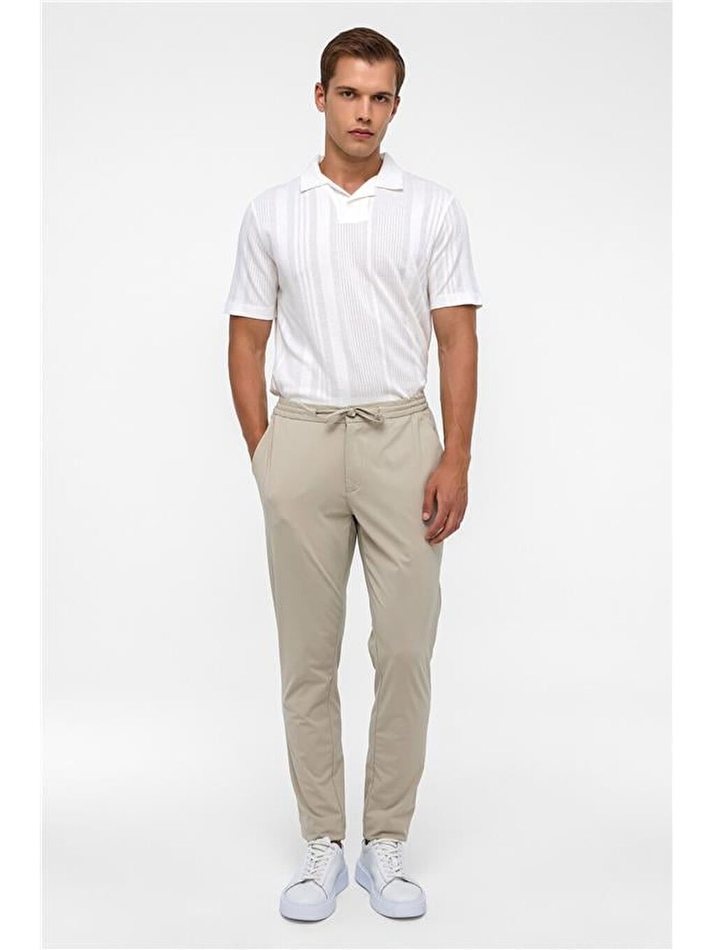 Bej Slim Armürlü Jogger Pantolon