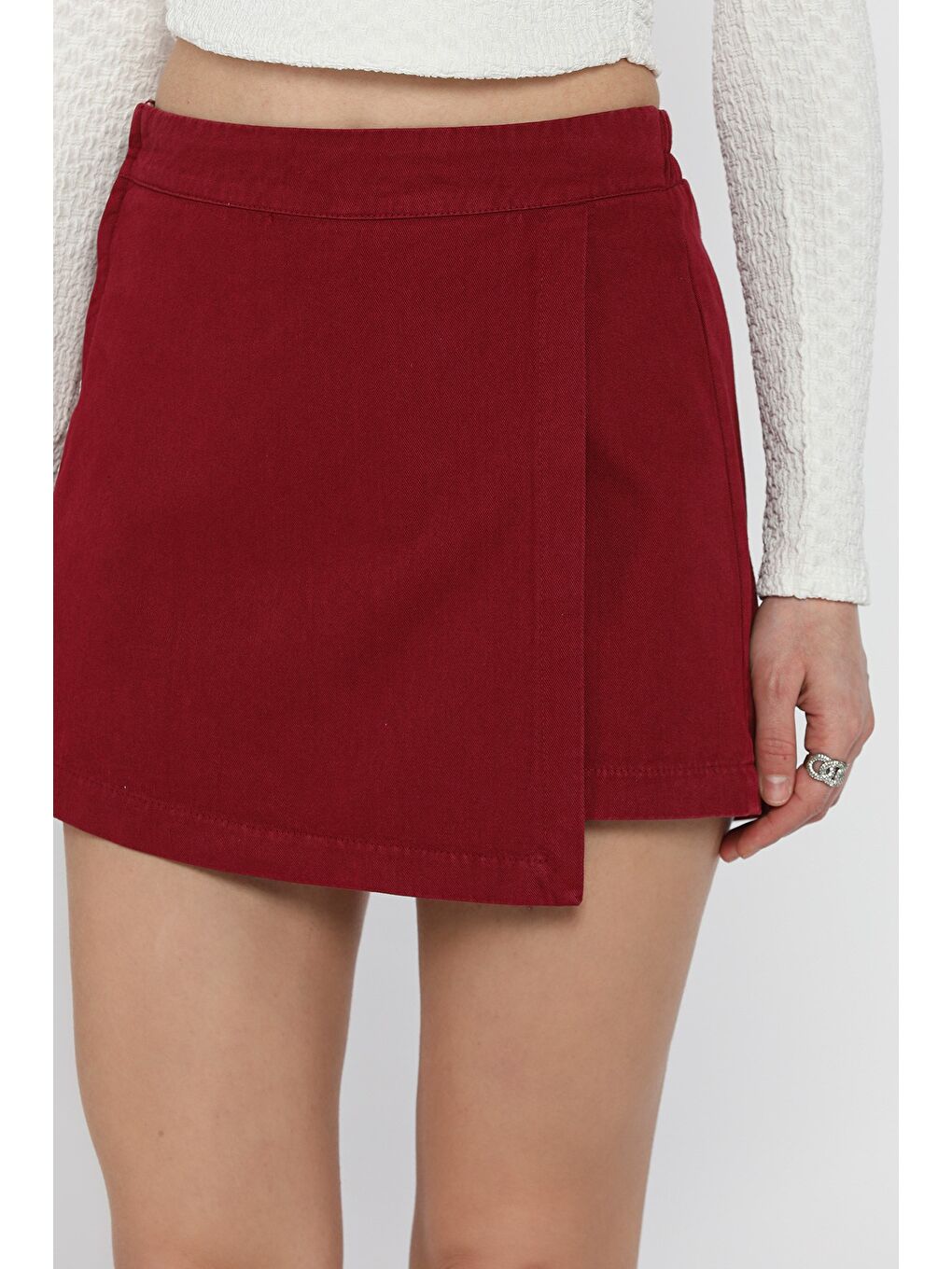 Bordo Kadın Fermuarlı Bel Lastikli Gabardin Şort Etek-3