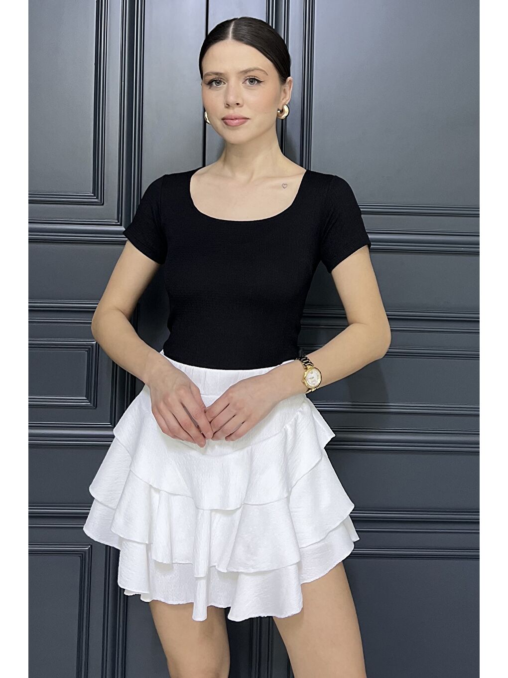 Ekru Bel Lastikli Şortlu Etek-1