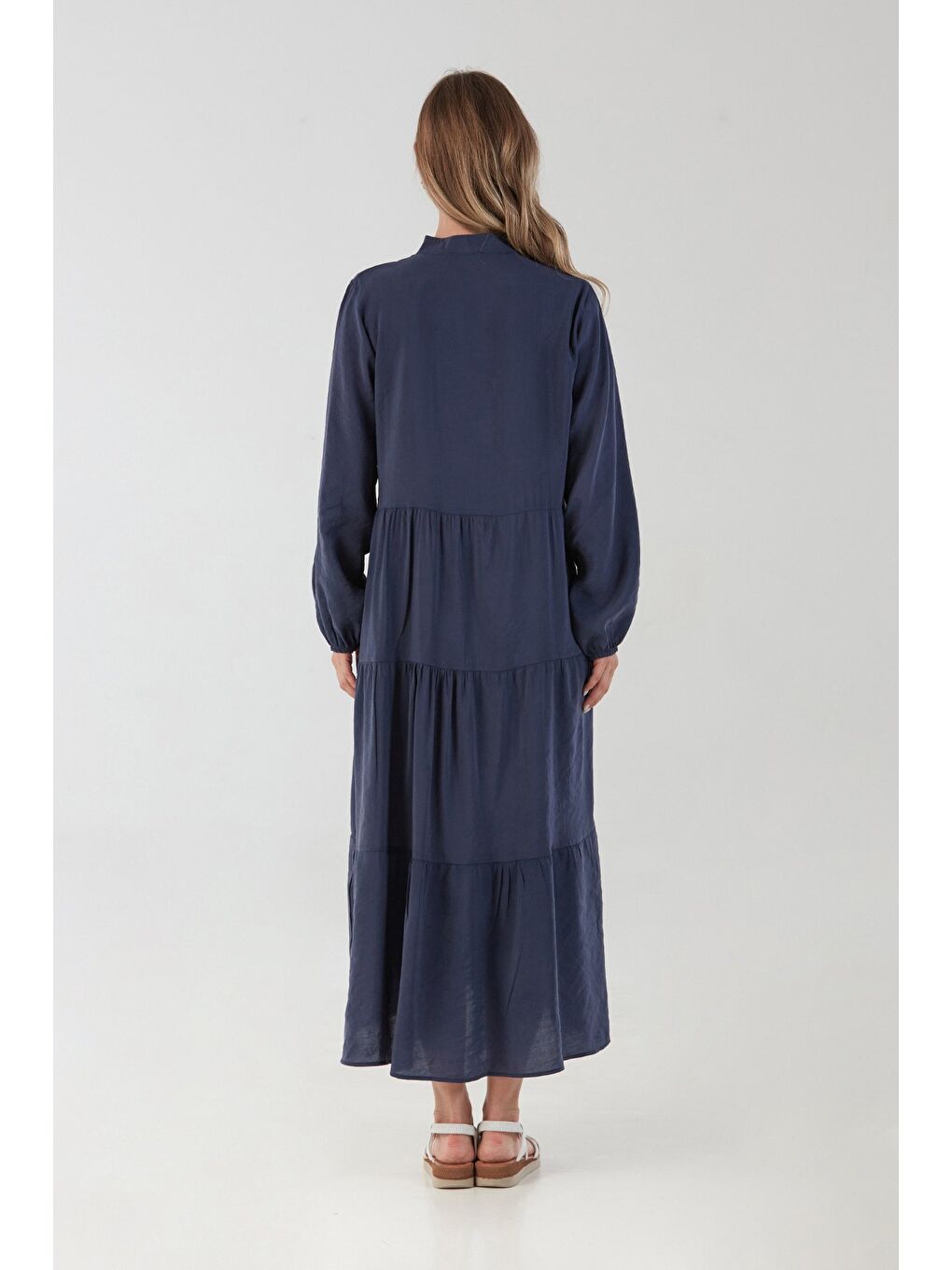 Lacivert Fullamodest Kolları Lastikli Dik Yaka Elbise-3