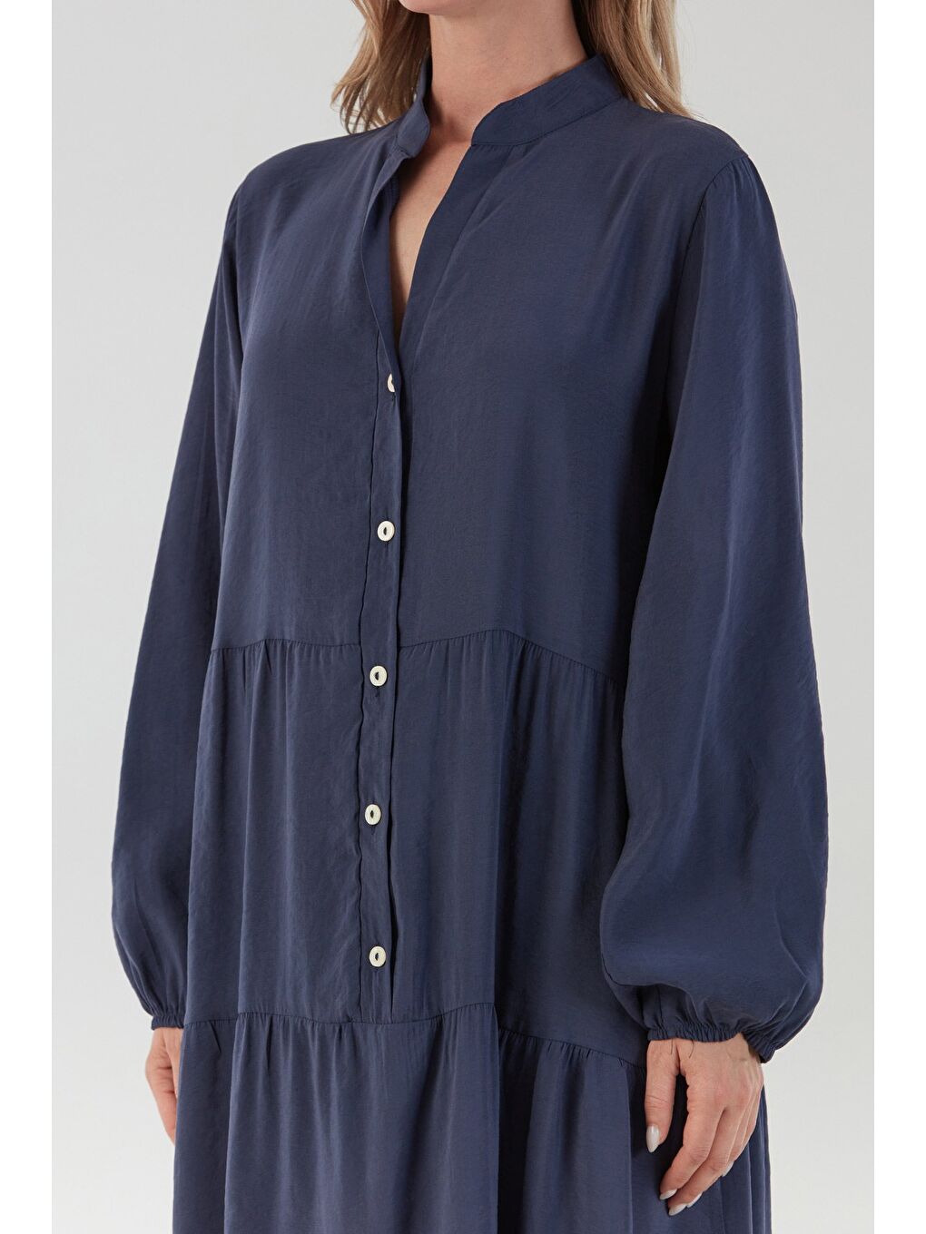 Lacivert Fullamodest Kolları Lastikli Dik Yaka Elbise-4