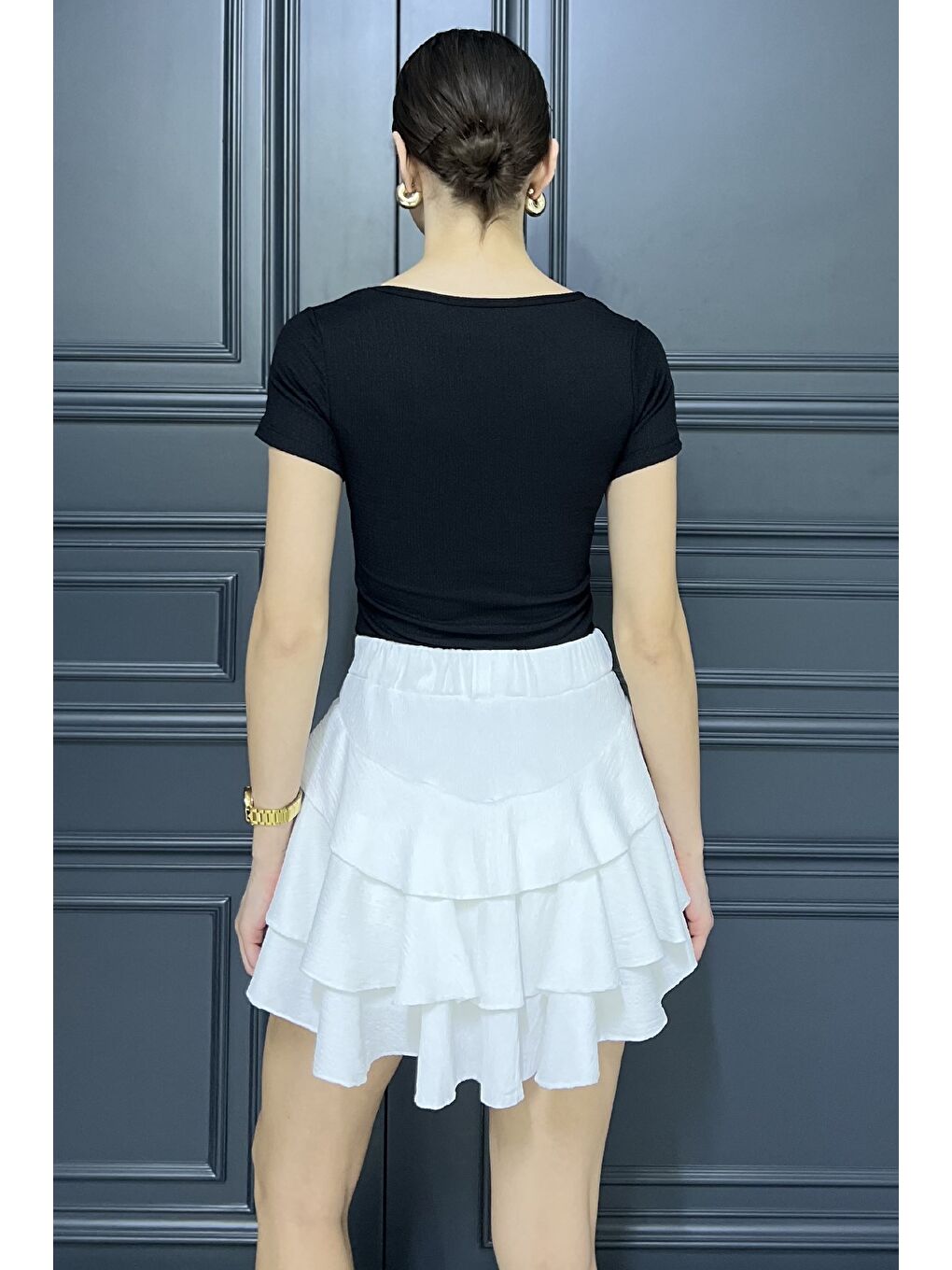 Ekru Bel Lastikli Şortlu Etek-2