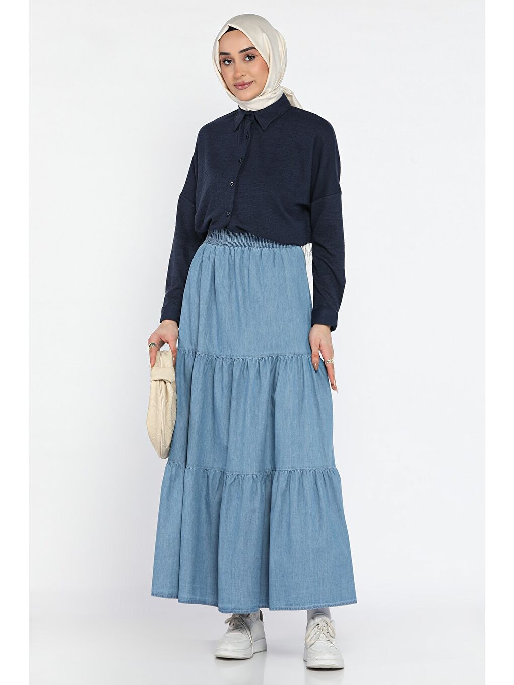 Mavi Kadın Bel Lastikli Pileli Katlı Tesettür Jean Etek