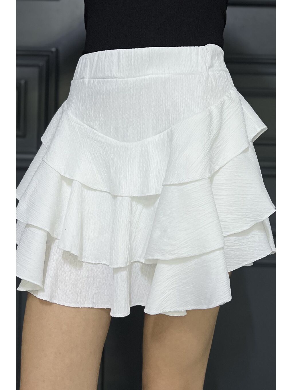 Ekru Bel Lastikli Şortlu Etek-3