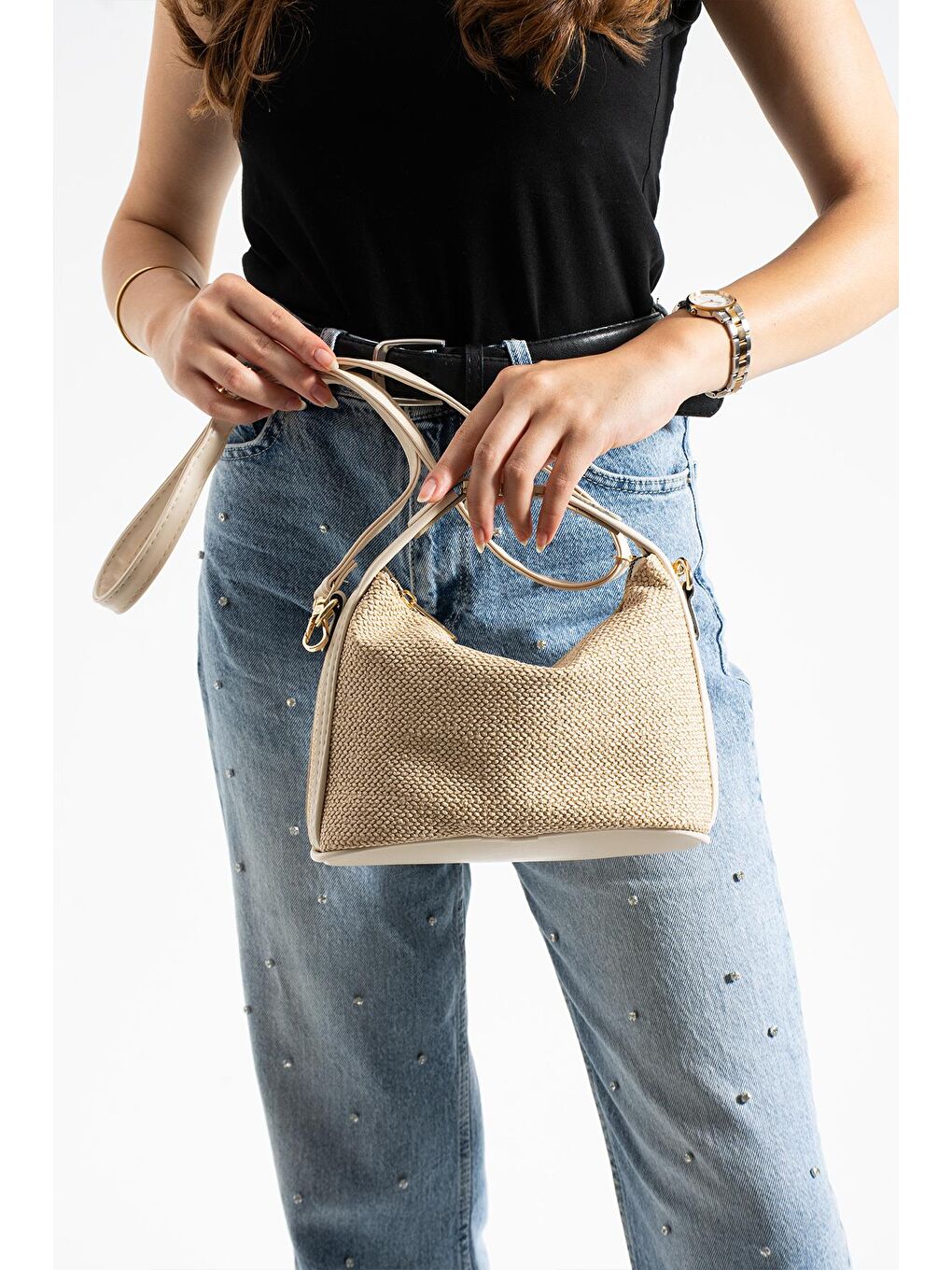 Ekru Cosmos Hasır Kadın Omuz Çantası BP-4862O