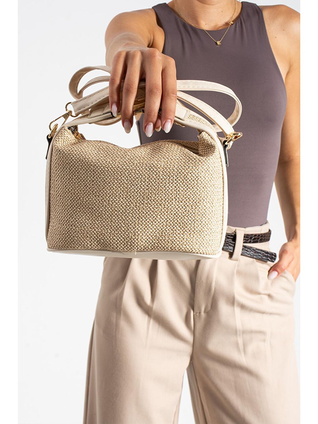 Ekru Cosmos Hasır Kadın Omuz Çantası BP-4862O-1