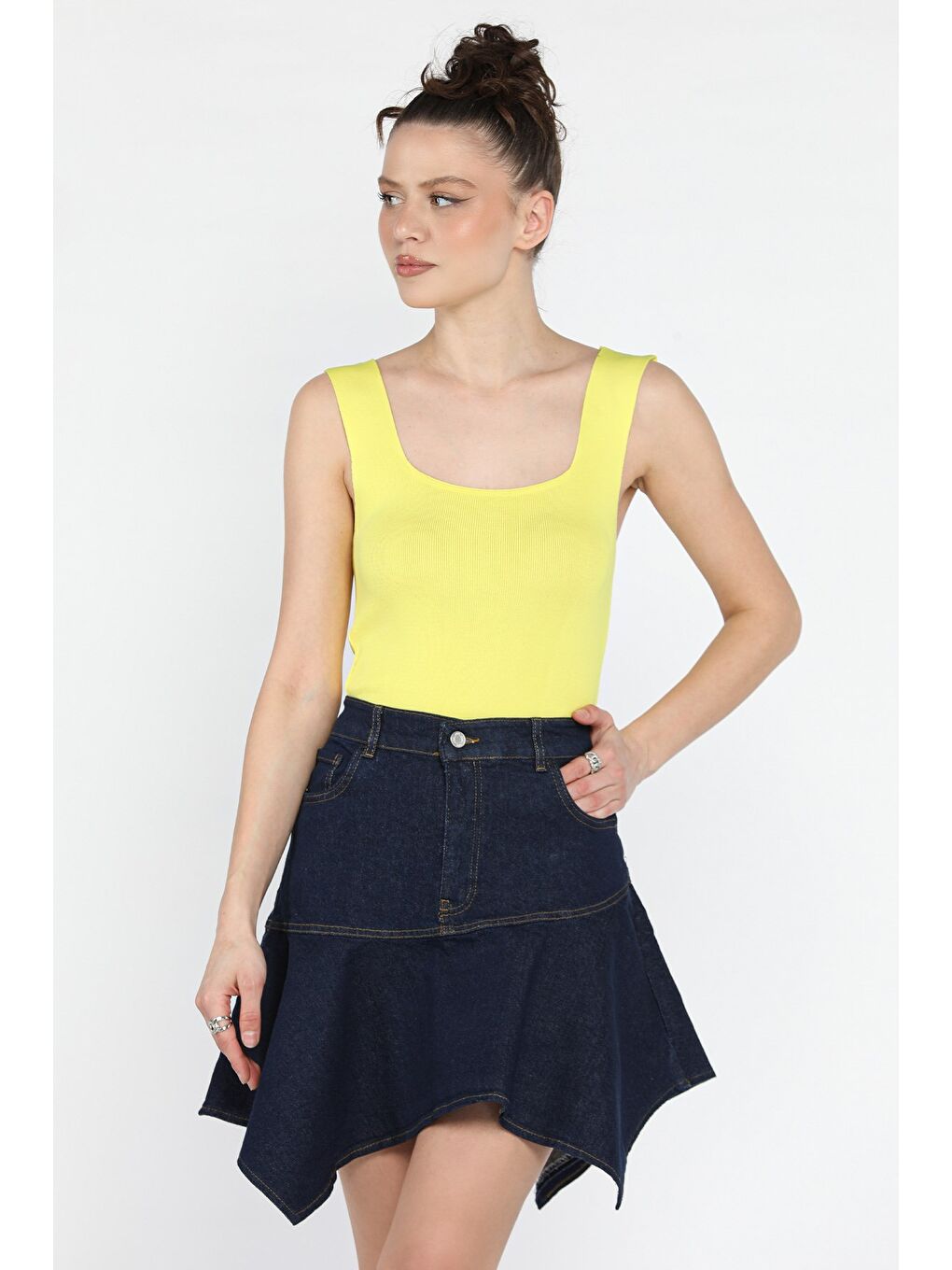 Lacivert Volanlı Jean Etek