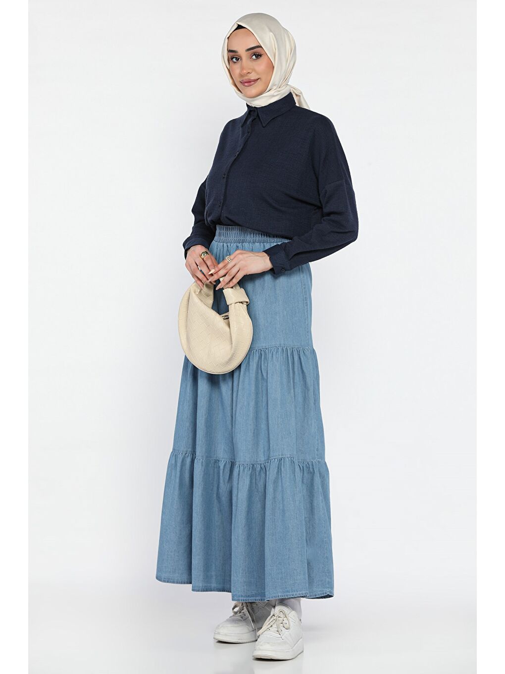 Mavi Kadın Bel Lastikli Pileli Katlı Tesettür Jean Etek-3