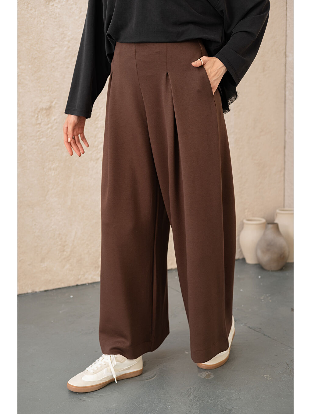 Kadın Pile Detay Pantolon Kahverengi-3