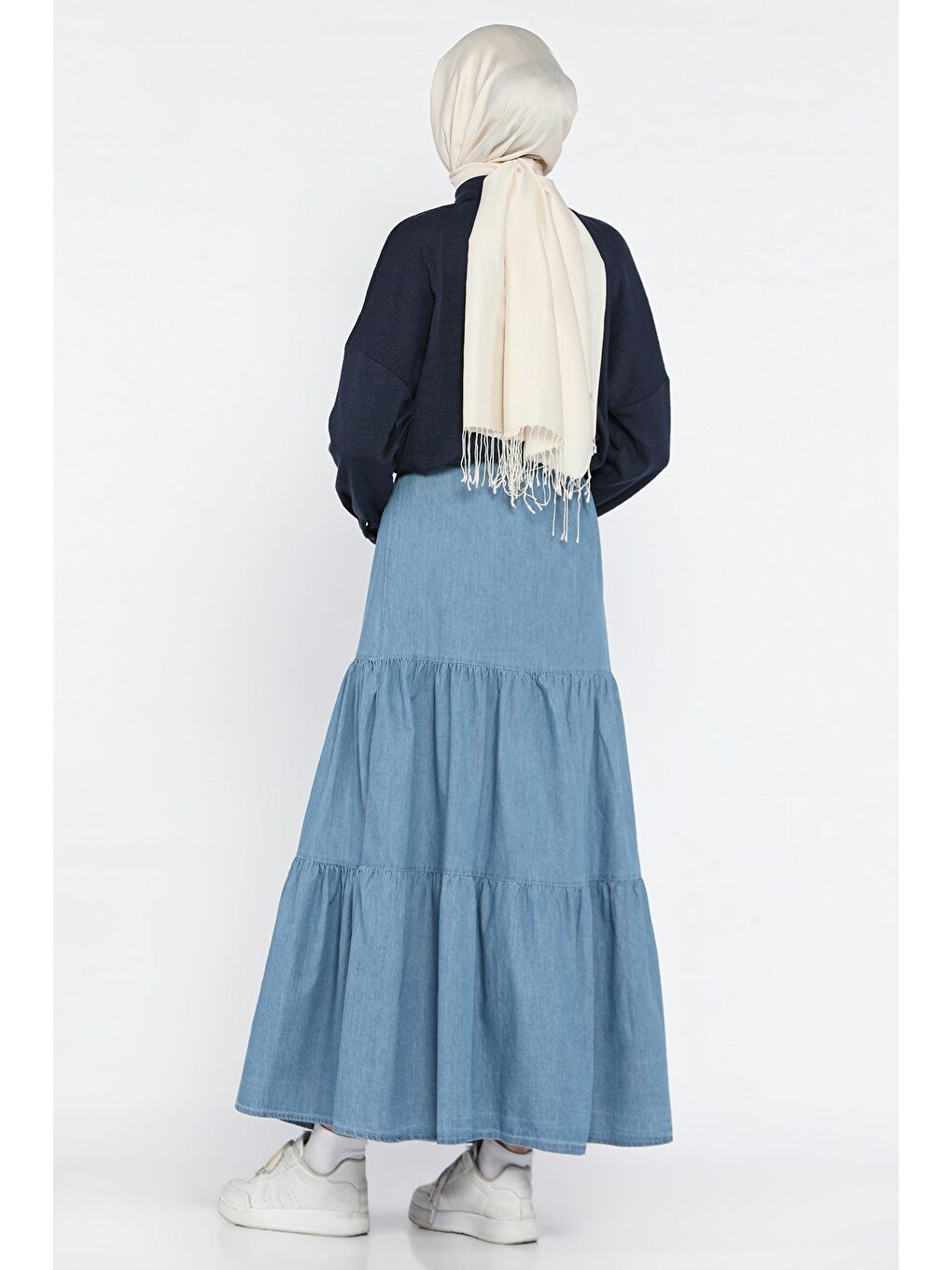 Mavi Kadın Bel Lastikli Pileli Katlı Tesettür Jean Etek-4