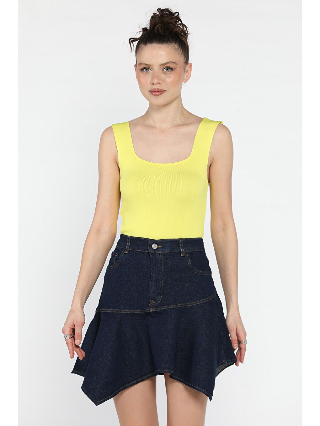 Lacivert Volanlı Jean Etek-1