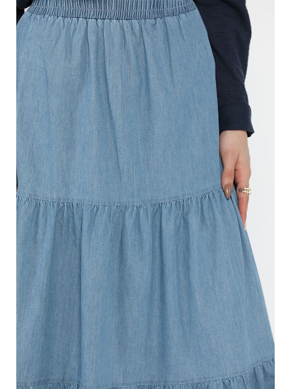 Mavi Kadın Bel Lastikli Pileli Katlı Tesettür Jean Etek-6