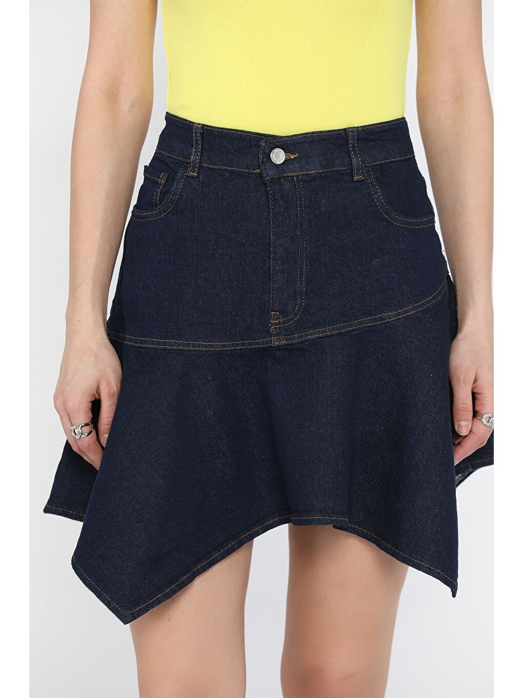 Lacivert Volanlı Jean Etek-2