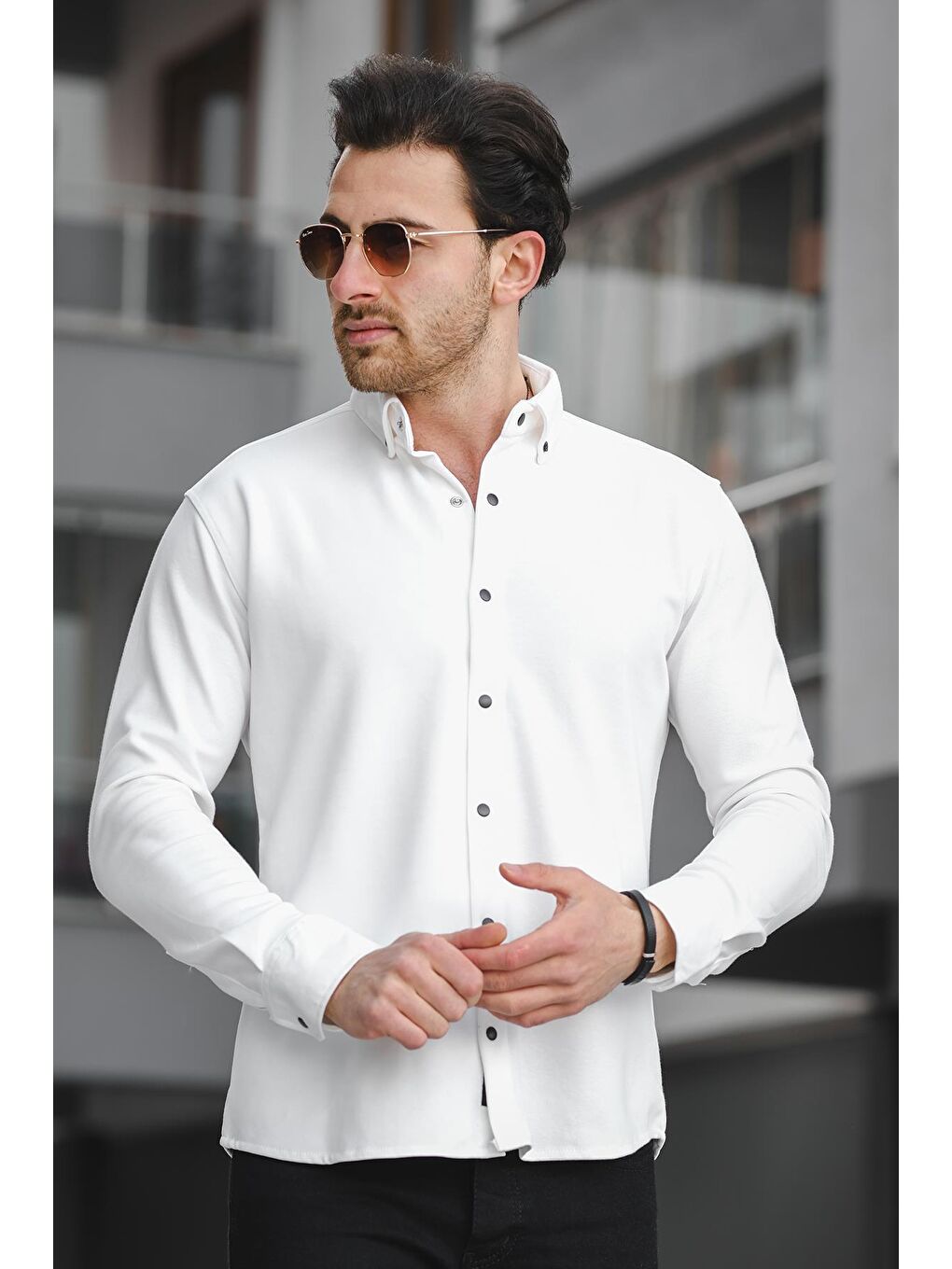Beyaz Yx 16898 Double Face Çıt Çıtlı Likralı Örme Erkek Gömlek-2