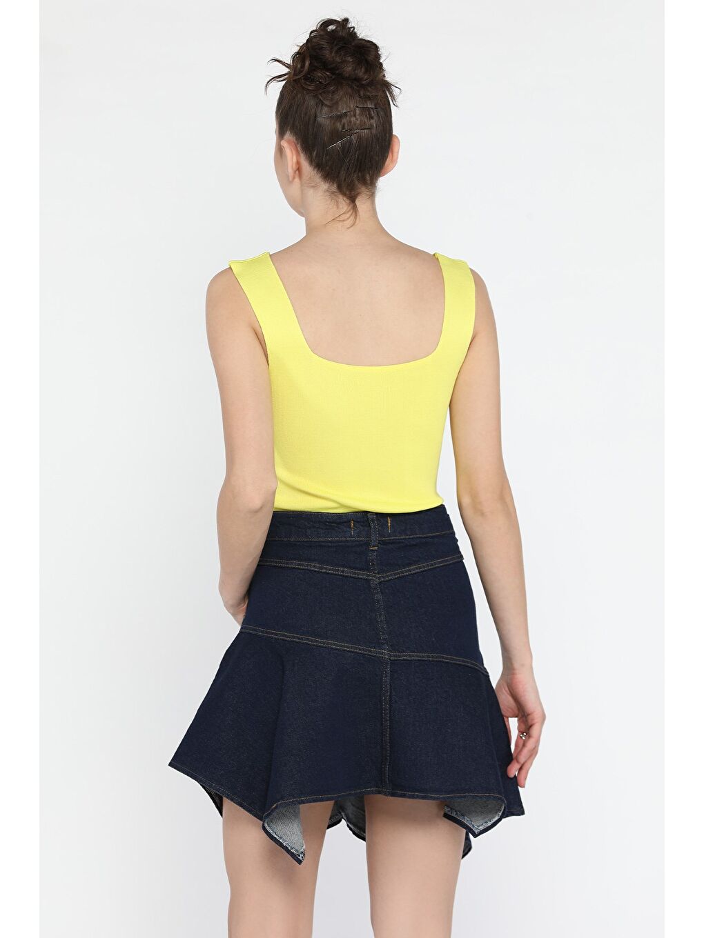 Lacivert Volanlı Jean Etek-3