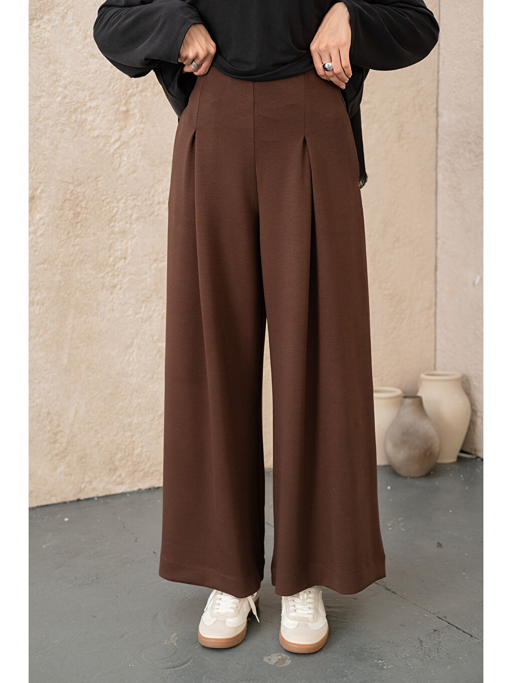 Kadın Pile Detay Pantolon Kahverengi-4